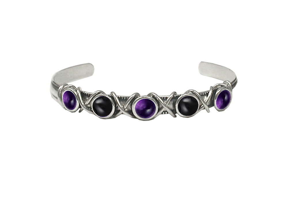 Sterling Silver Cuff Bracelet With Amethyst And Black Onyx